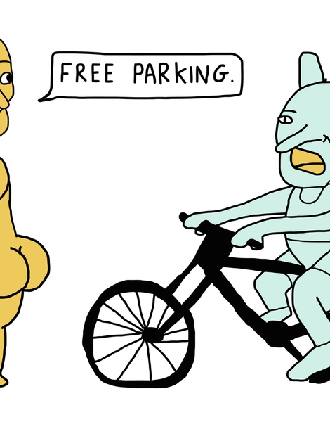 Yellow Naked Man Offers Free Parking to a Worried Green Creature Hero Shot